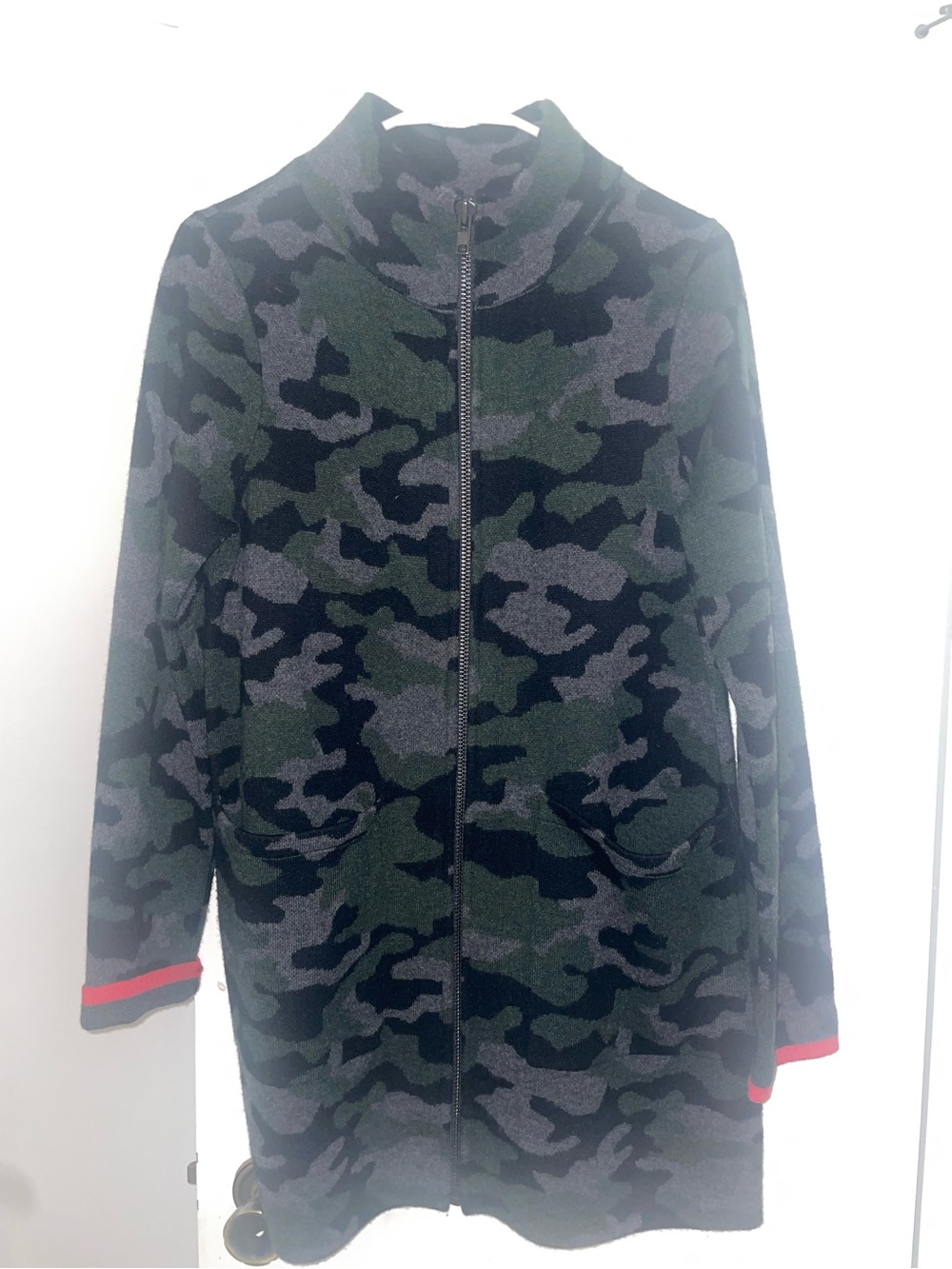 Camouflage Zip Front Long Cardigan - Green/Gray/Black